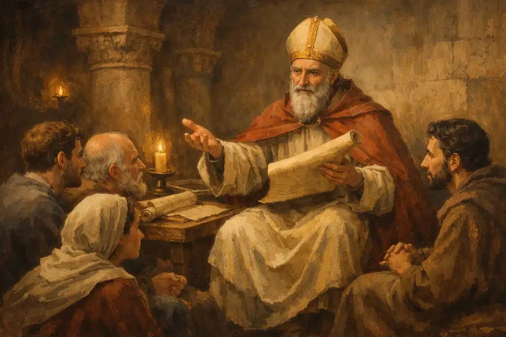 St. Irenaeus of Lyon depicted as an early bishop teaching the Christian faith
