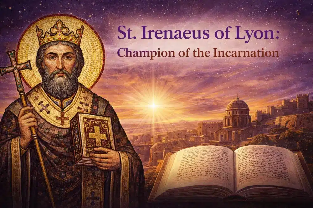 St. Irenaeus of Lyon depicted as an early bishop teaching the Christian faith