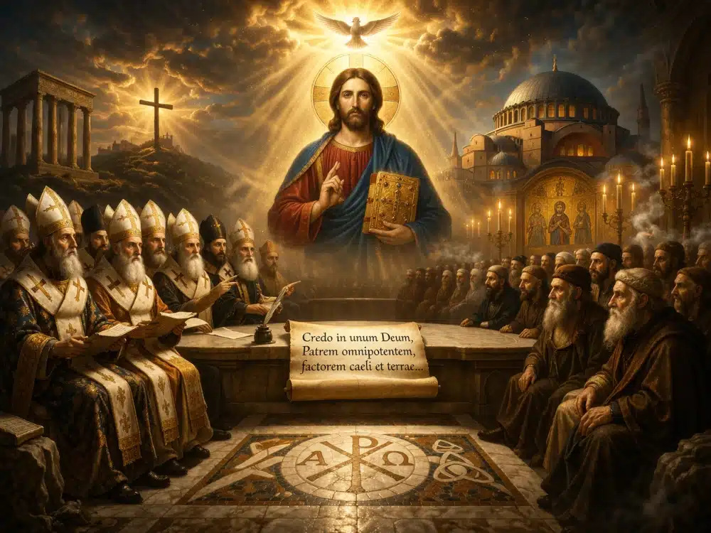 Early Church bishops gathered at the Council of Nicaea affirming the divinity of Christ and forming the Nicene Creed