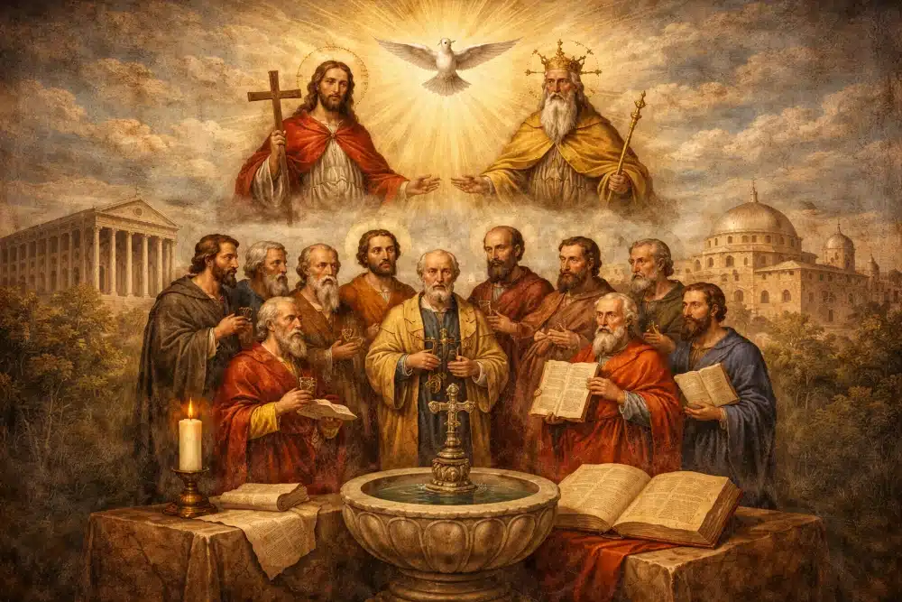 Artistic depiction of the Apostles’ Creed representing the apostolic faith handed down through the early Church