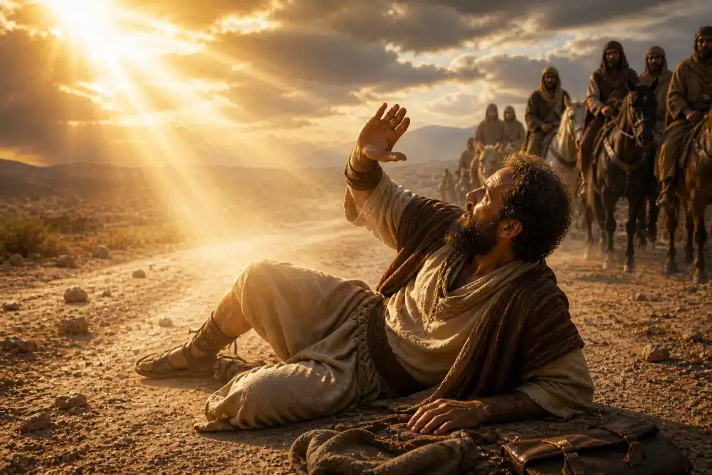 Saint Paul falling to the ground on the road to Damascus as a bright heavenly light surrounds him during his conversion