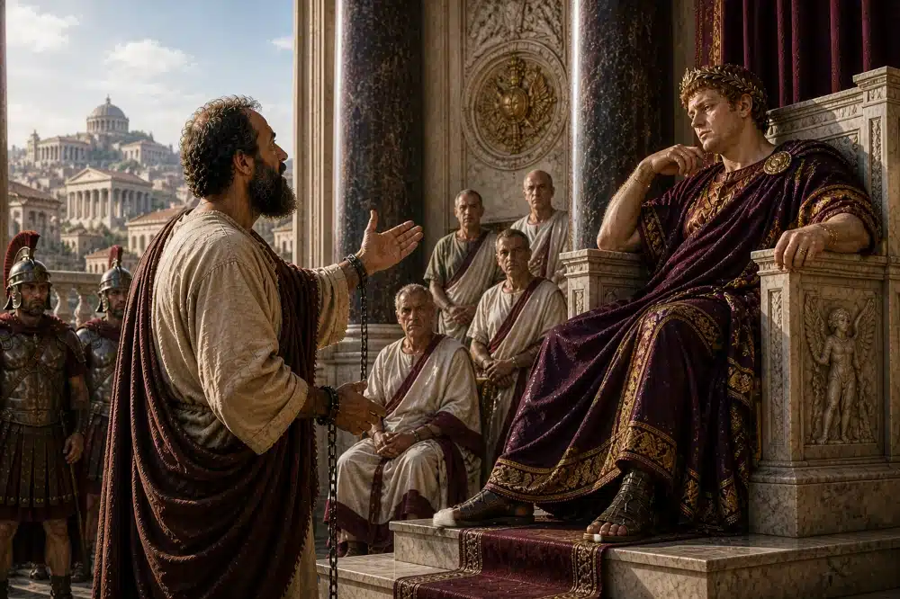 Saint Paul appealing to Emperor Nero in a Roman tribunal, surrounded by guards and officials in ancient Rome