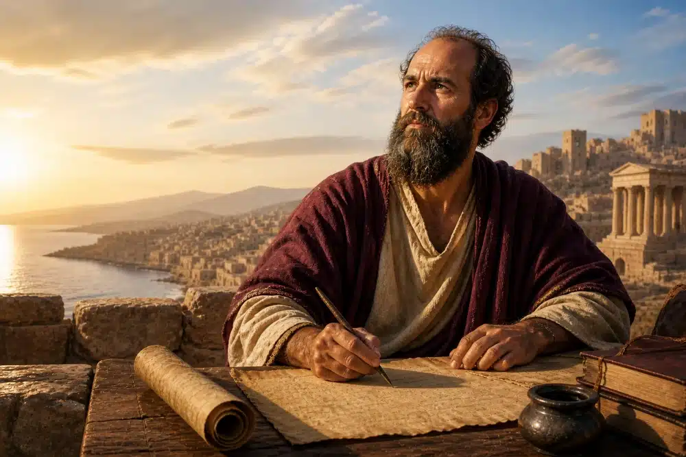Saint Paul writing letters at a table overlooking an ancient Roman city, symbolizing his New Testament epistles
