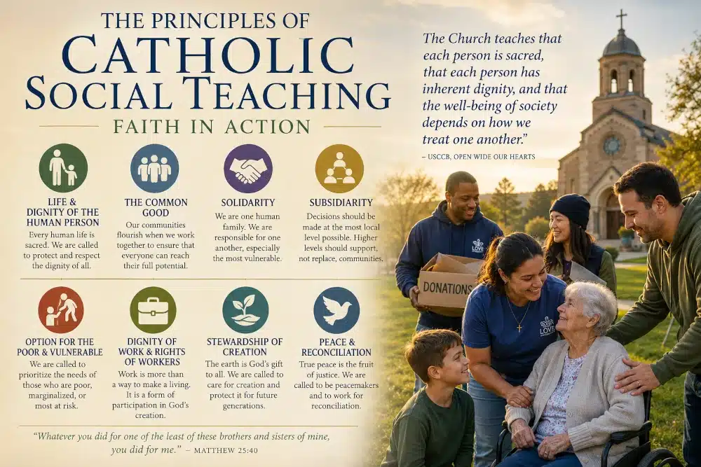 Catholic Social Teaching principles illustrated with icons for human dignity, the common good, solidarity, subsidiarity, care for the poor, worker rights, stewardship of creation, and peace.