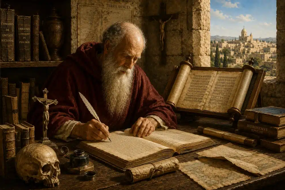 St. Jerome translating the Latin Vulgate in Bethlehem while studying Hebrew manuscripts and Sacred Scripture.