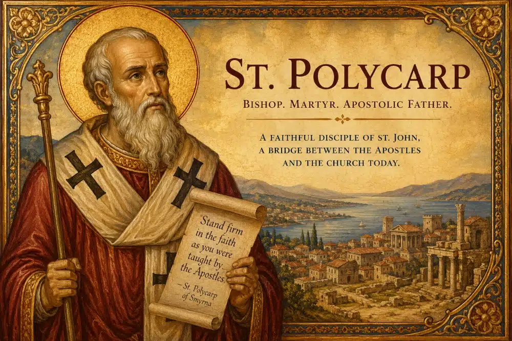 Traditional icon-style illustration of St. Polycarp, Bishop of Smyrna and Apostolic Father, holding a scroll before the ancient city of Smyrna, symbolizing apostolic succession and Christian martyrdom.