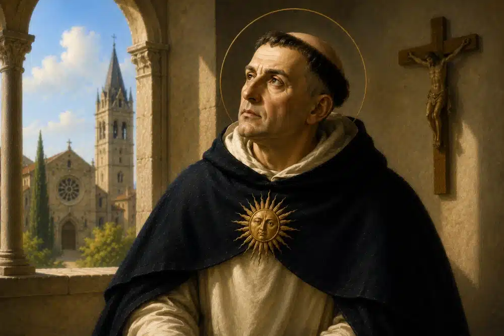 St. Thomas Aquinas writing the Summa Theologiae while contemplating God, symbolizing the harmony of faith and reason in Catholic theology.