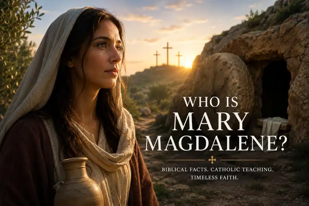 Mary Magdalene standing near the empty tomb at sunrise after the Resurrection of Jesus Christ, symbolizing her role as the first witness to the risen Lord.
