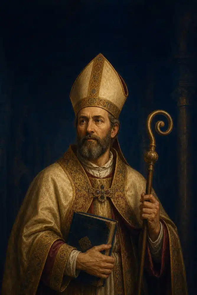 St. Ambrose of Milan holding a book and bishop’s crozier, dressed in gold and ivory episcopal vestments.