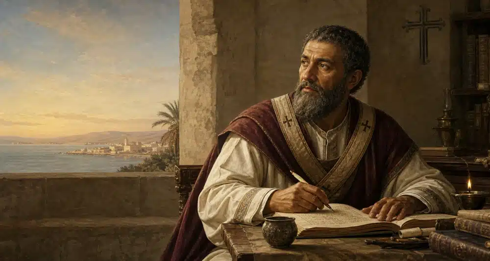 St. Augustine of Hippo writing at his desk in a late-Roman study overlooking the North African coast