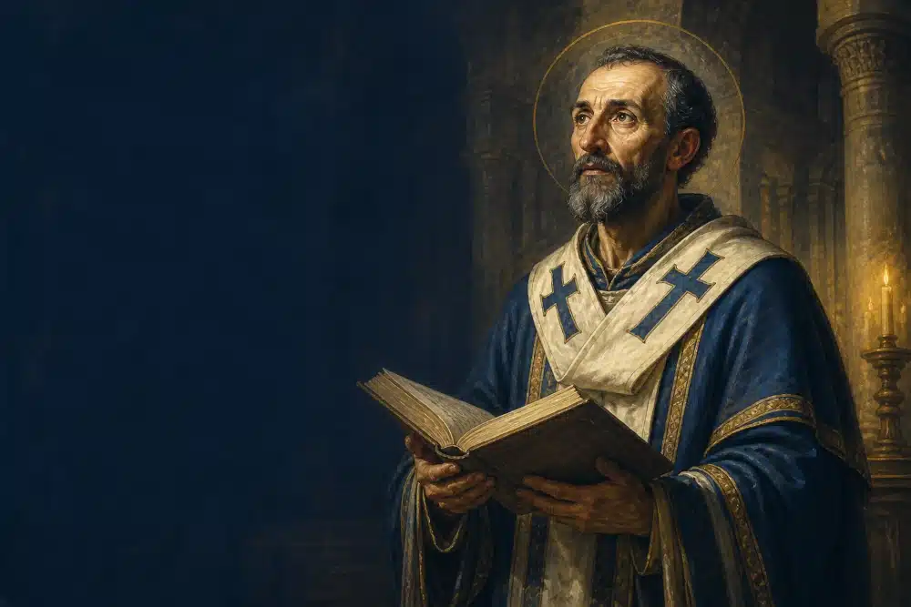 Painterly portrait of St. John Chrysostom holding an open manuscript in a candlelit basilica