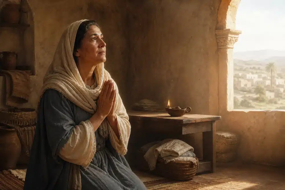 St. Monica prays beside an oil lamp in a late-Roman North African home