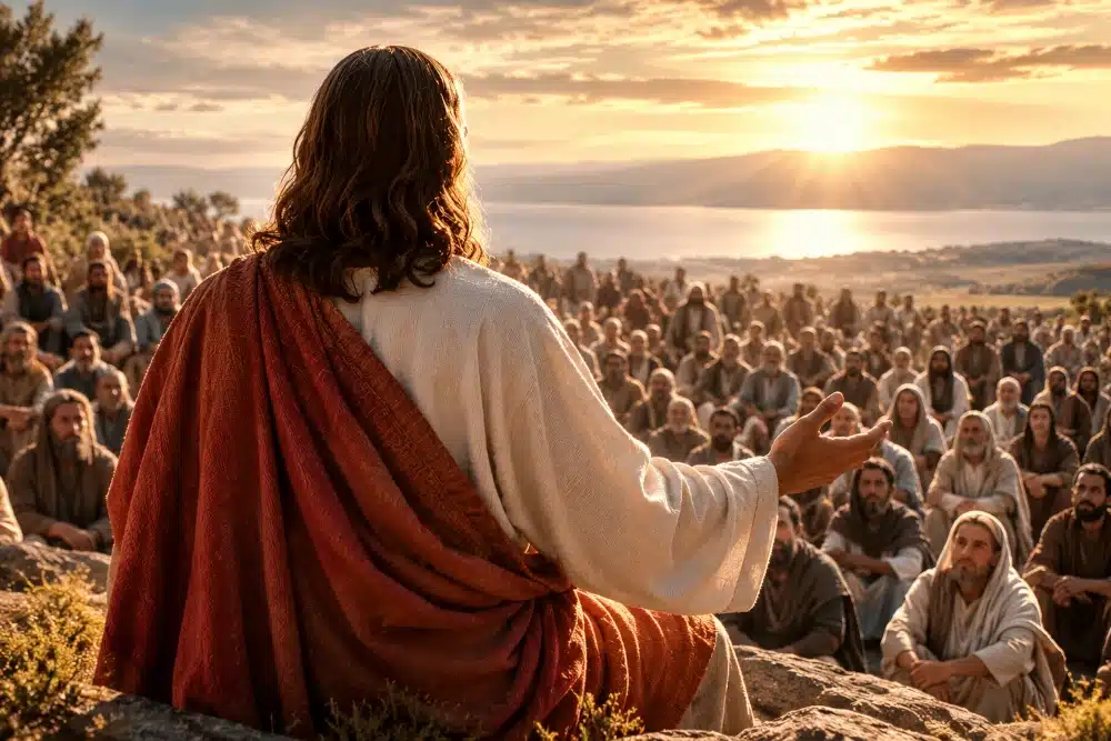 Jesus Christ teaching the Beatitudes to His disciples and the gathered crowds during the Sermon on the Mount.
