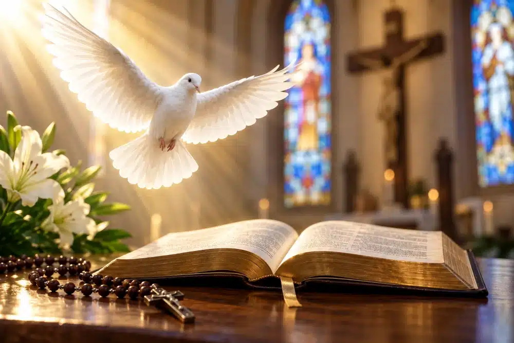 Seven Gifts of the Holy Spirit represented by a white dove above an open Bible in a Catholic church