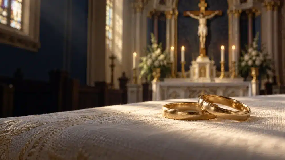 Two gold wedding rings on ivory linen with a Catholic altar and crucifix softly visible behind them.