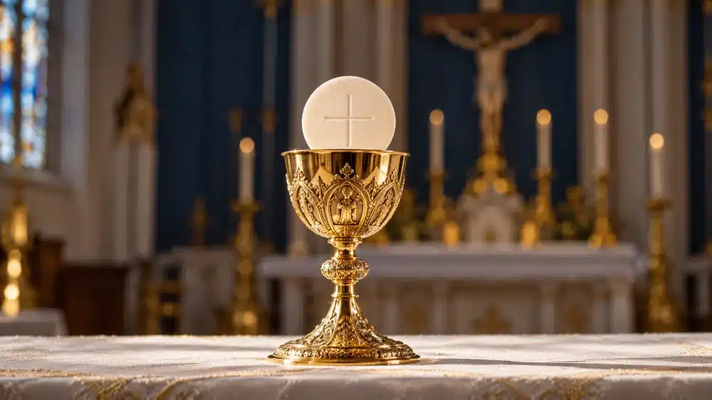 Gold chalice and white host on an altar, with a crucifix in the background.